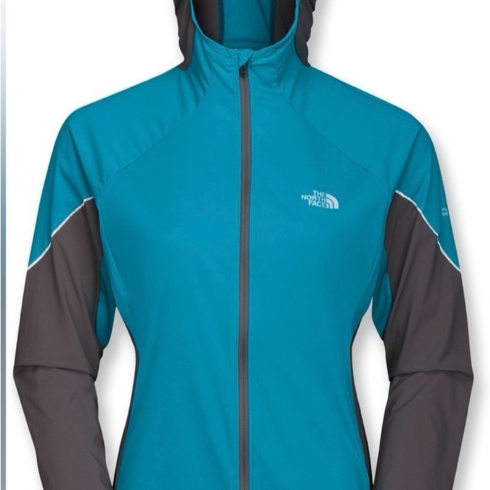 The North Face - light weight windbreaker with hood. Dark gray and turquoise